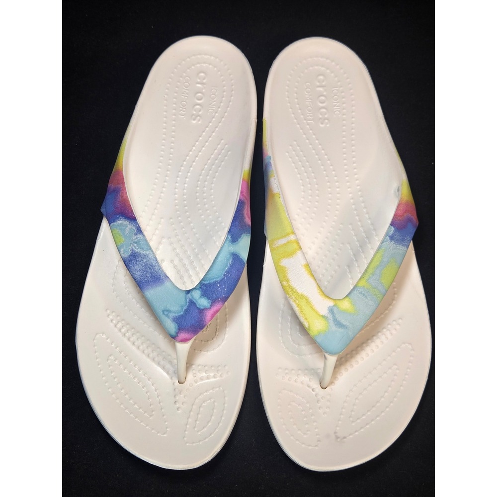 Crocs Kadee II Flip Flops‎ Womens 11 White Tie Dye Straps Thong Sandals 202492